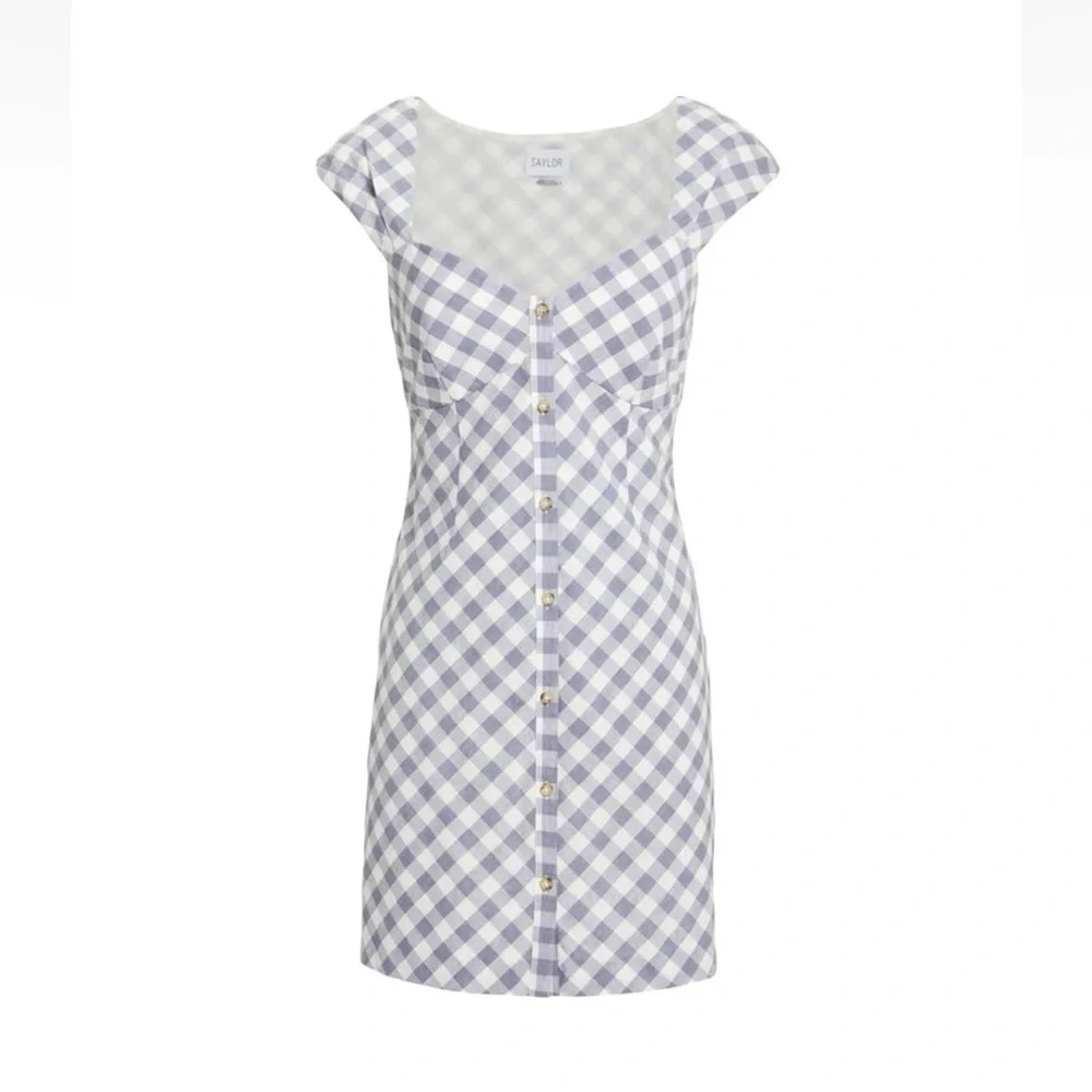 🌻SAYLOR Hadleigh Purple White Gingham Check Short Sleeve Mini  Dress Size M - Picture 3 of 11